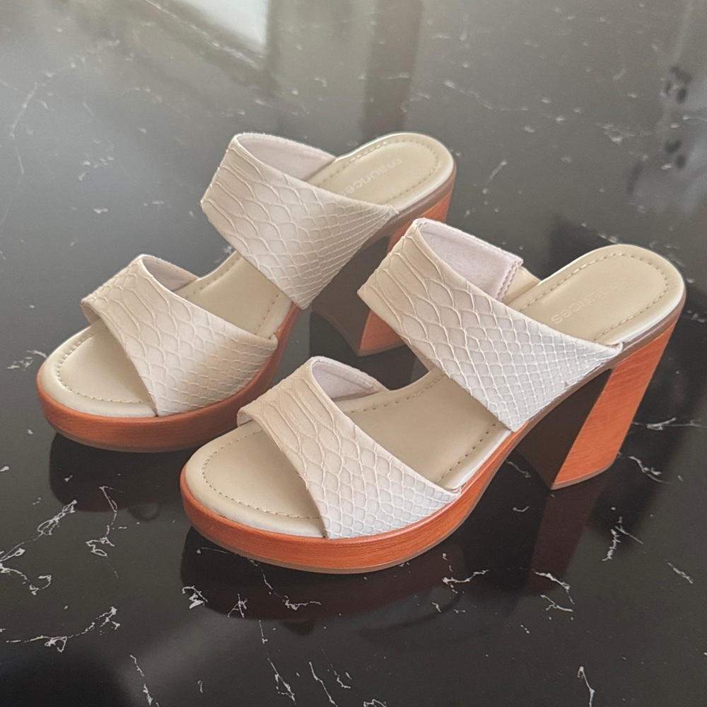 Maurices White Textured Double-Strap Platform Heels with Wood-Look Block Heel